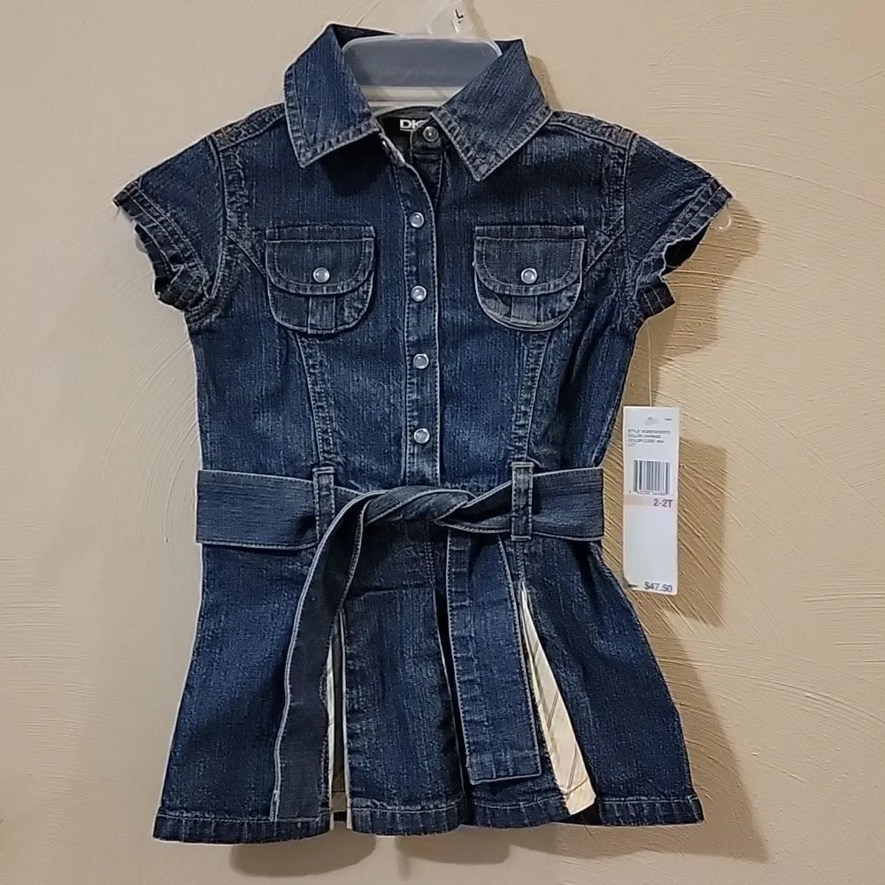 DKNY DENIM BELTED DRESS WITH PLEATED SKIRT AND PEARL BUTTONS, SIZE 2/2T - NEW!